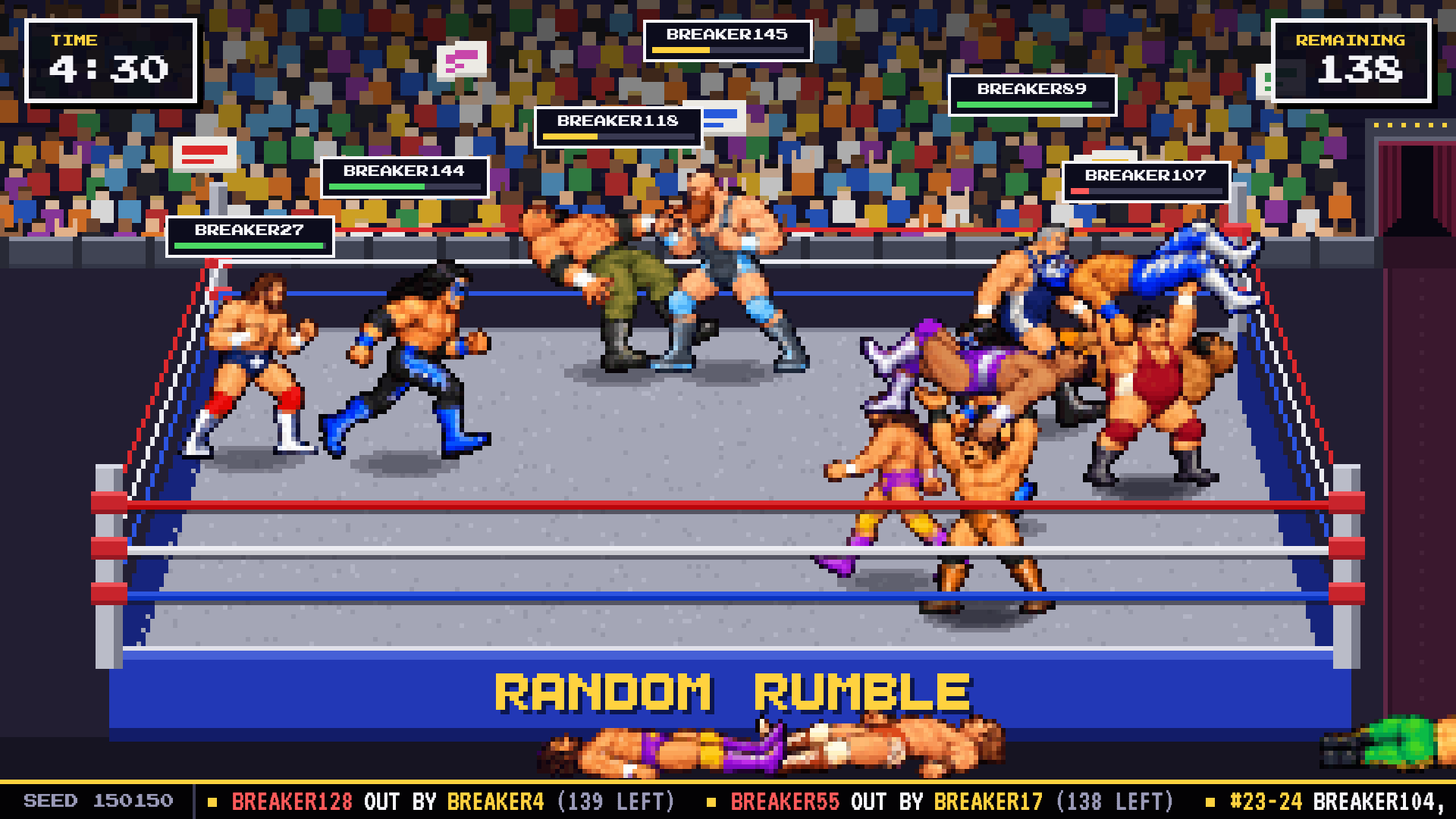 A Random Rumble match in progress: pixel art wrestlers labelled with breakers' names battle in the ring